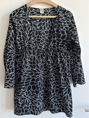 Islander Floral Cover Up Tunic Black White 100% Cotton Tie Front Women’s S